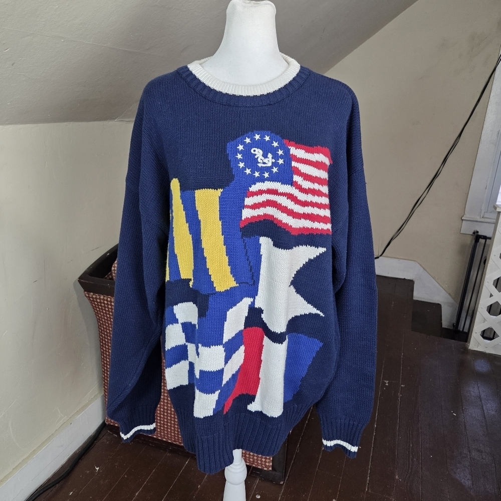 VTG GANT Hand Intarsia Nautical Flag Sweater XL 100% Cotton Navy USA Flag
